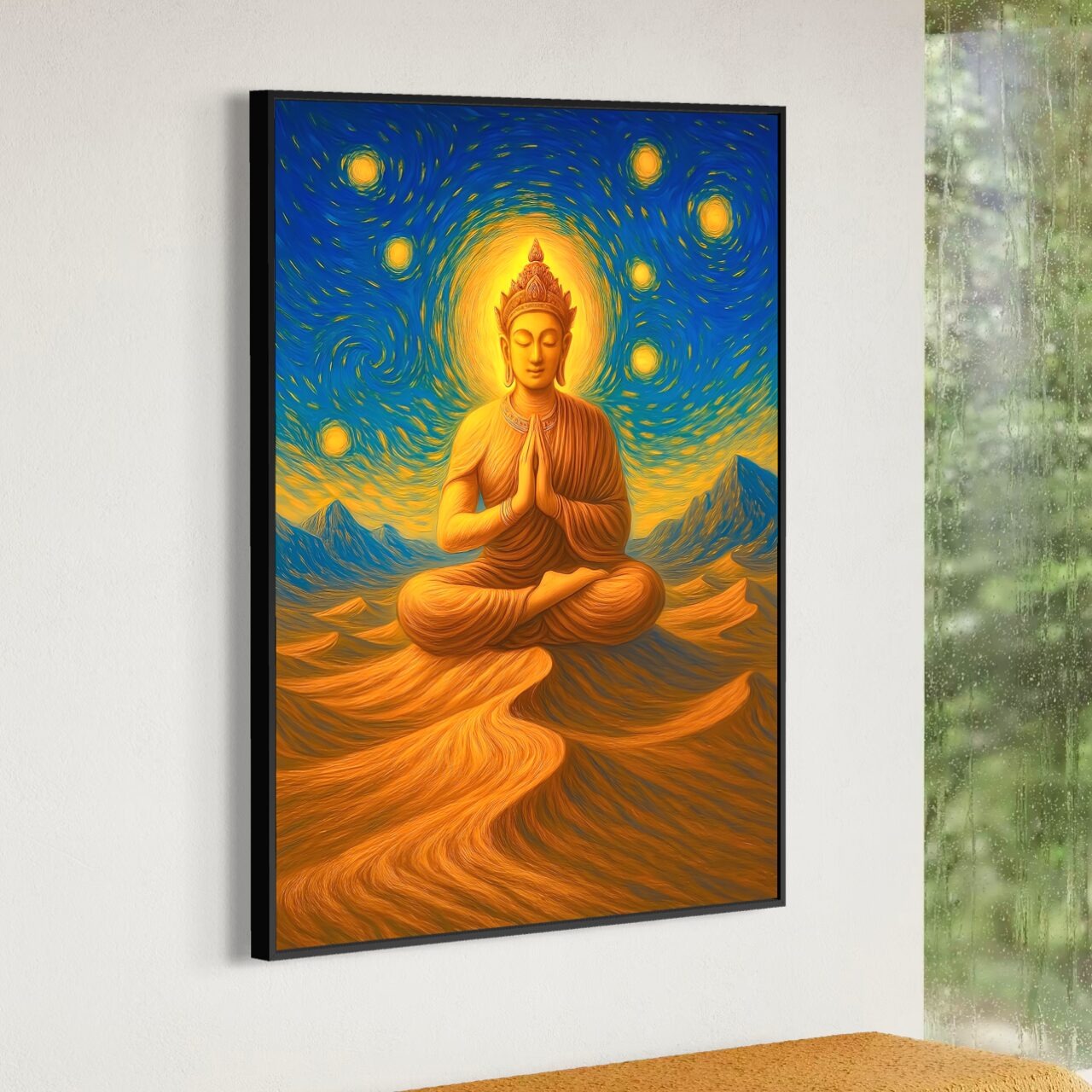 Tableau Bouddha Mirage Sacré - Art Spirituel et Méditation | SPEKTRA Détail du tableau Mirage Sacré montrant un bouddha en méditation dans un désert lumineux sous un ciel étoilé aux teintes bleu et or.