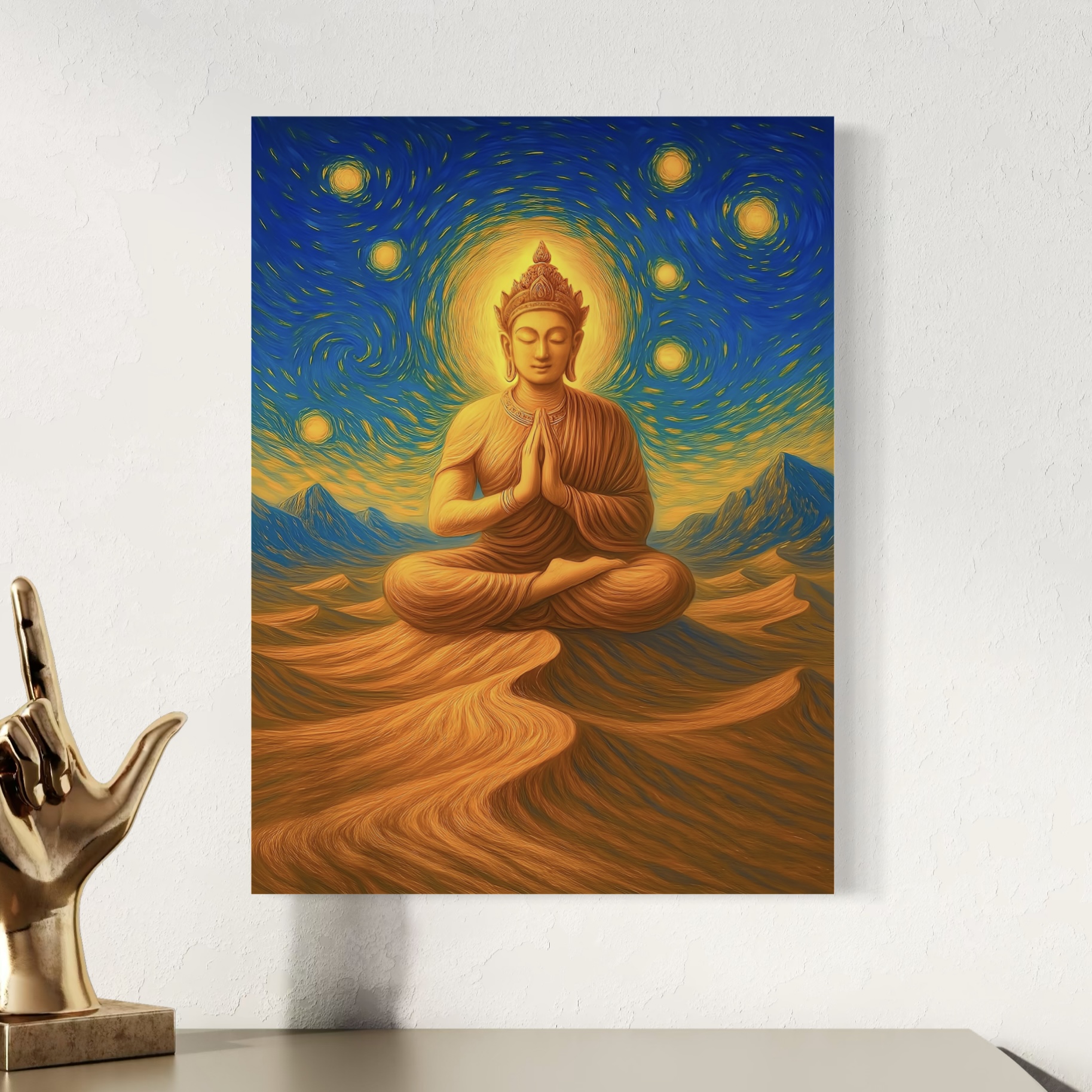 Tableau Bouddha Mirage Sacré - Art Spirituel et Méditation | SPEKTRA Détail du tableau Mirage Sacré représentant un bouddha en méditation entouré d'une lumière dorée sous un ciel céleste aux spirales lumineuses.