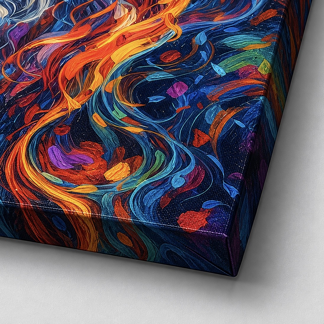 Tableau Psychédélique Homme Barbu – L'Alchimiste Détail du tableau psychédélique L'Alchimiste montrant des volutes colorées abstraites et des textures artistiques contemporaines
