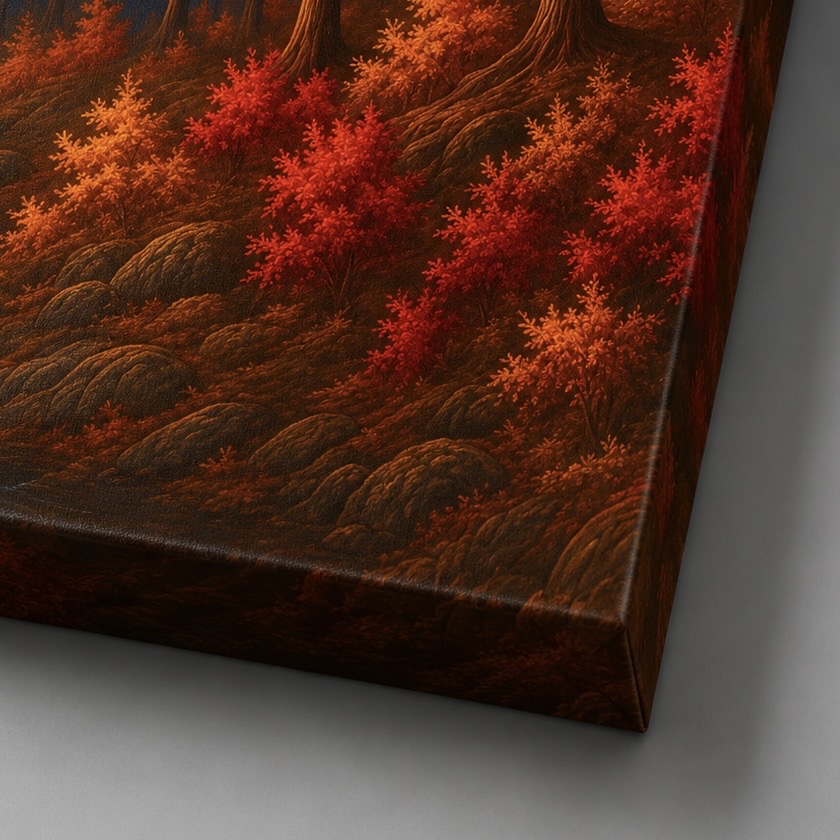 Tableau Vallée Rouge – Paysage Automnal pour Salon Moderne Gros plan du tableau Vallée Rouge montrant les détails de l’impression haute définition sur toile et les couleurs de la forêt automnale