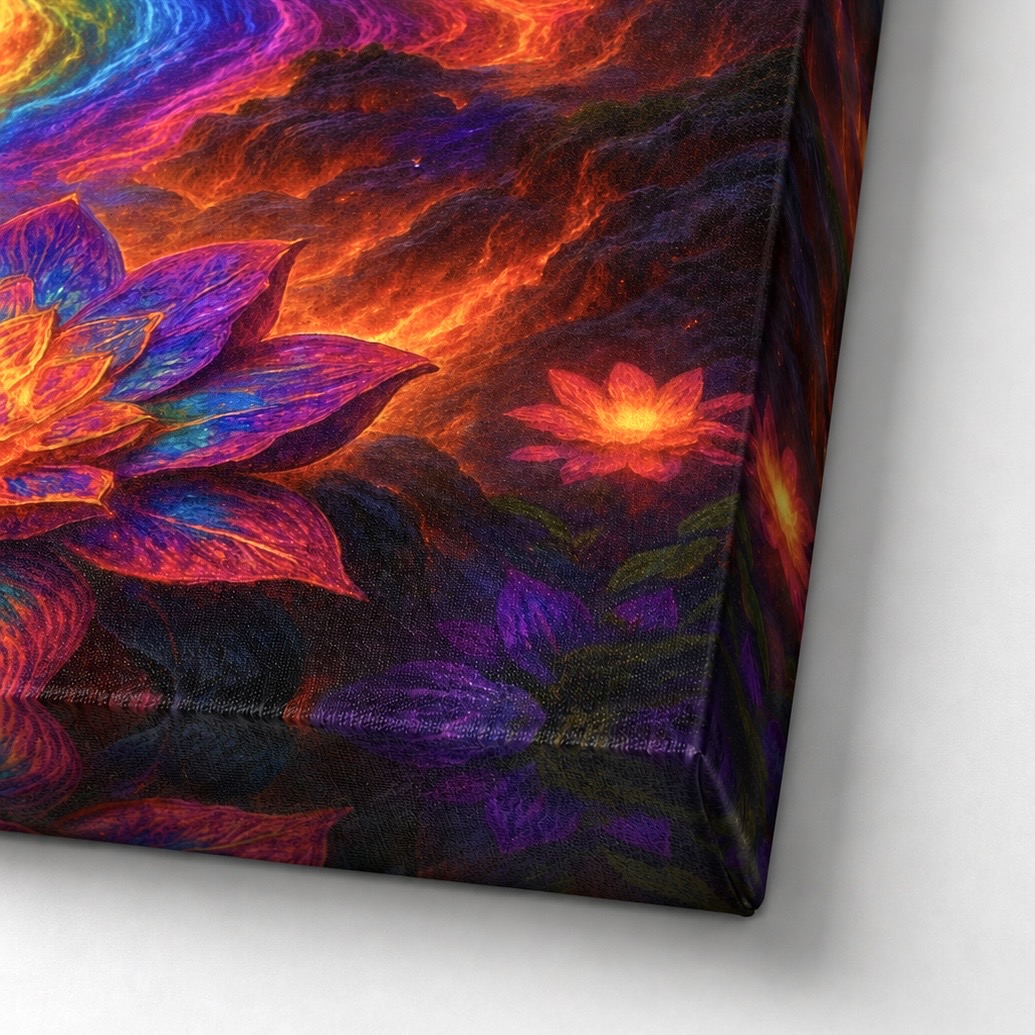 Tableau Voie Sacrée – Temple et Chemin Lumineux Détail du tableau Voie Sacrée montrant la texture de la toile, les fleurs de lotus, le chemin lumineux multicolore et la finition du bord imprimé.