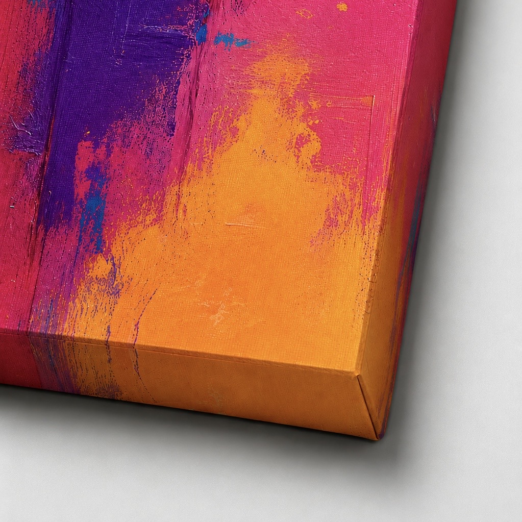 Tableau Énergie Pure – Art Abstrait Coloré Contemporain | SPEKTRA Gros plan sur les finitions du tableau abstrait coloré Énergie Pure avec toile canvas tendue et impression haute définition aux couleurs vives rose orange et violet