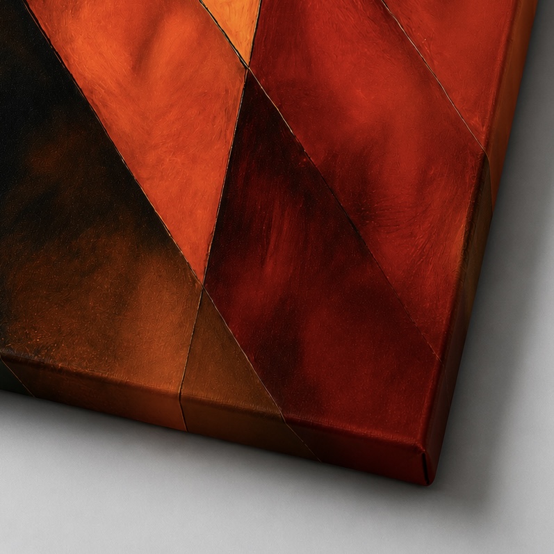 Signature du Temps – Tableau Abstrait Moderne Géométrique Détail de la toile Signature du Temps montrant les textures et les formes géométriques rouges, orangées et brunes de l’œuvre abstraite contemporaine