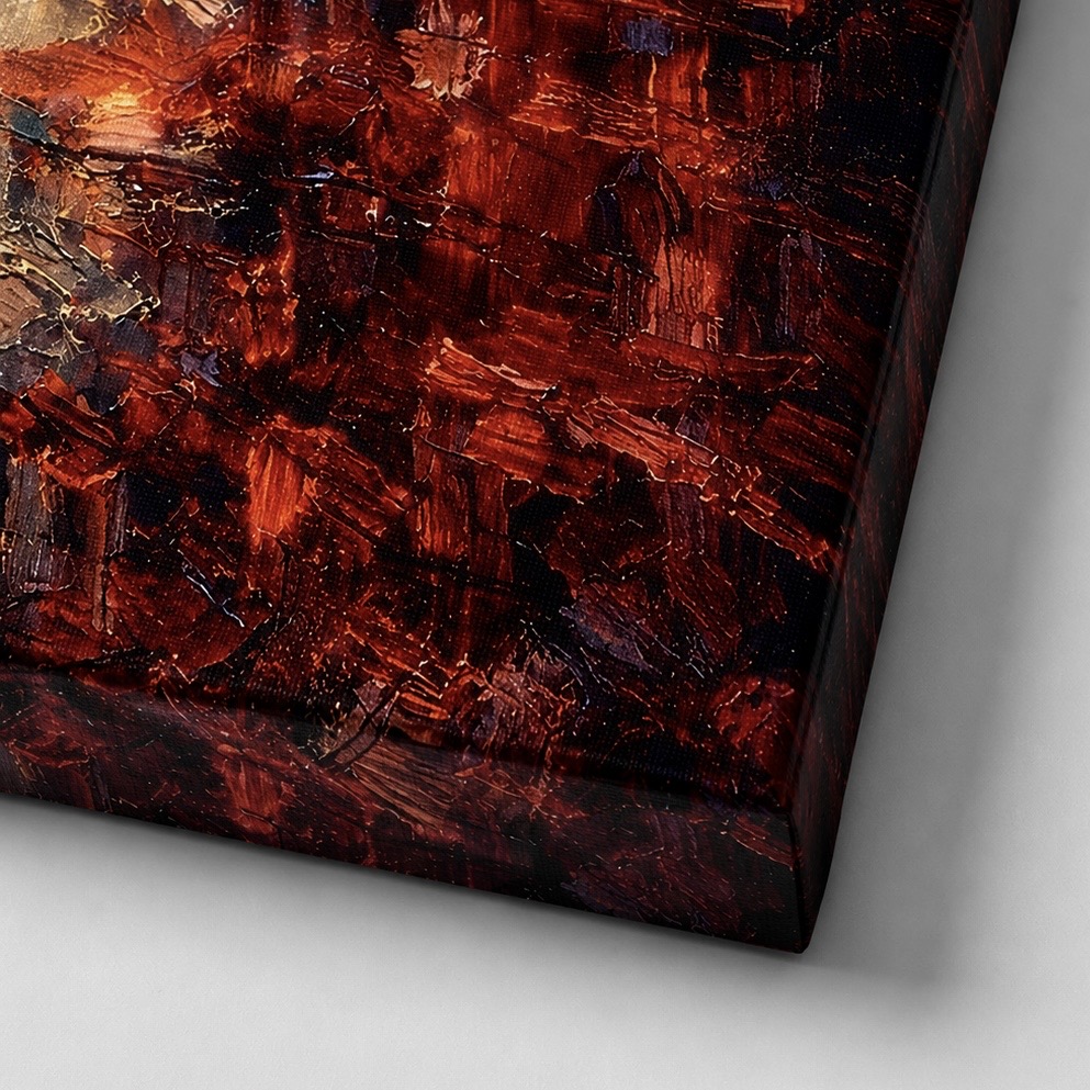 Tableau Abstrait Silhouette – La Traversée Détail de la toile La Traversée mettant en valeur la texture du canvas, les nuances rouges profondes, les effets picturaux abstraits et la finition premium du tableau.