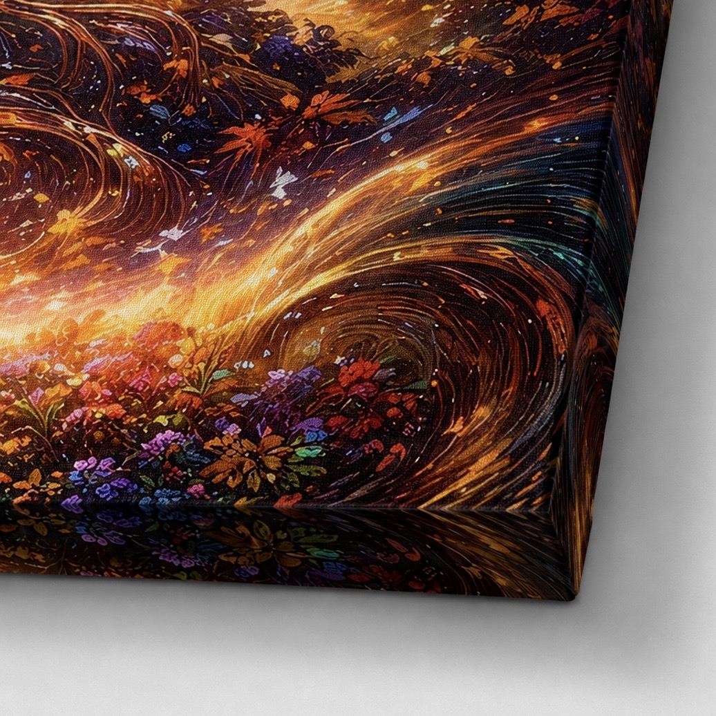 Tableau Arbre des Âmes représentant un arbre de vie fantastique lumineux avec branches colorées, racines majestueuses et silhouettes humaines dans une atmosphère féerique. Détail de la toile Arbre des Âmes mettant en valeur la texture de l’impression, les reflets dorés, les fleurs colorées et l’univers lumineux de l’arbre de vie.