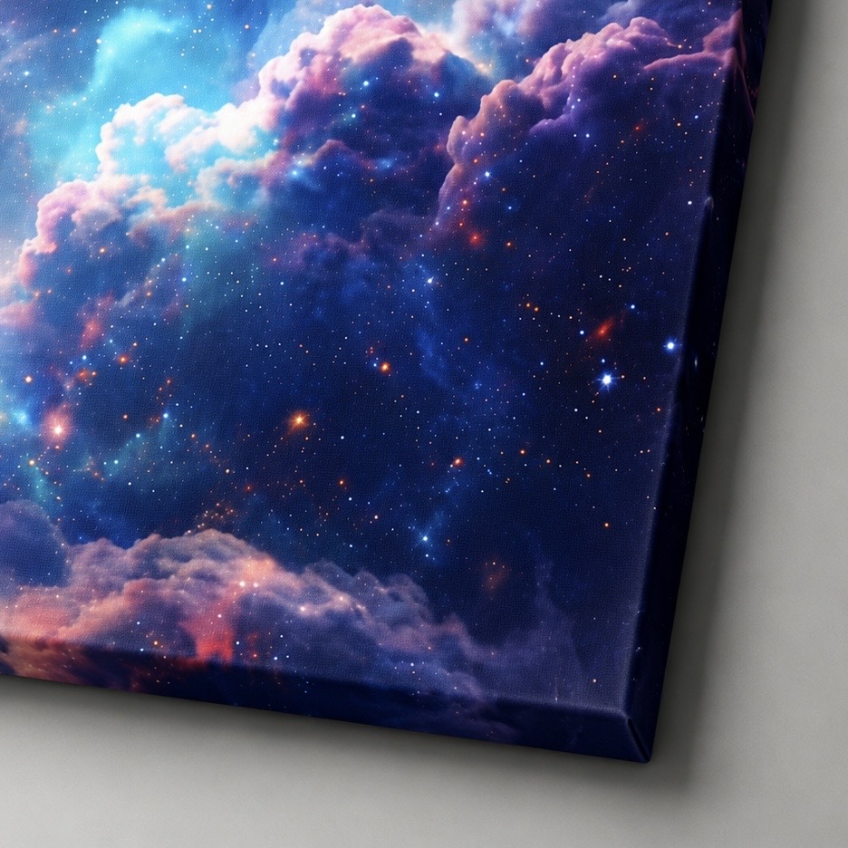Tableau Hors du Monde – Astronaute et Ballon Rouge dans l’Espace Détail de la toile Hors du Monde mettant en valeur la texture du canvas, les nébuleuses bleues et violettes, le ciel étoilé et la finition premium de ce tableau astronaute.