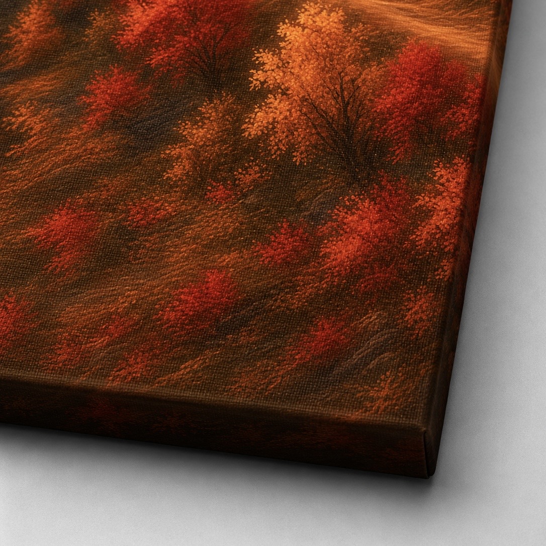 Tableau Paysage Automnal Passage d'Ambre – Rivière & Pont de Pierre | SPEKTRA Gros plan sur la texture de la toile Passage d'Ambre montrant les détails du feuillage automnal rouge et orange imprimé sur canvas