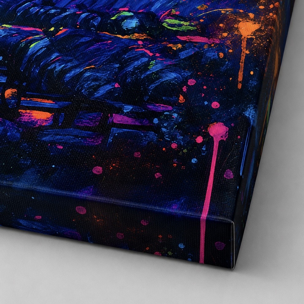 Tableau L'Écho des Étoiles – Nuit Étoilée Moderne Colorée | SPEKTRA Gros plan sur les finitions du tableau L’Écho des Étoiles avec toile canvas tendue, couleurs néon éclatantes et impression haute définition.
