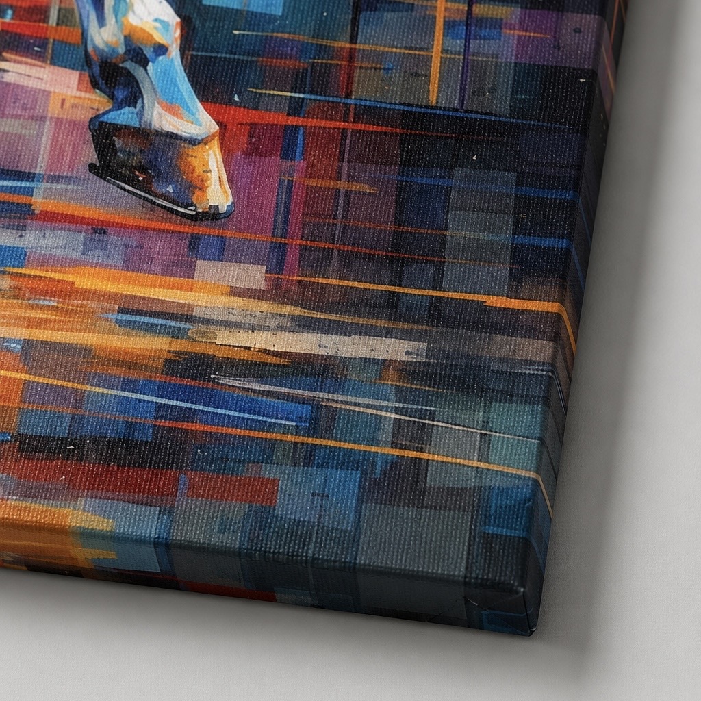 Tableau Cheval Coloré – Élan Sauvage Détail de la toile Élan Sauvage mettant en valeur la texture du canvas, les formes abstraites colorées, les nuances bleues et orangées ainsi que la finition premium du tableau cheval.