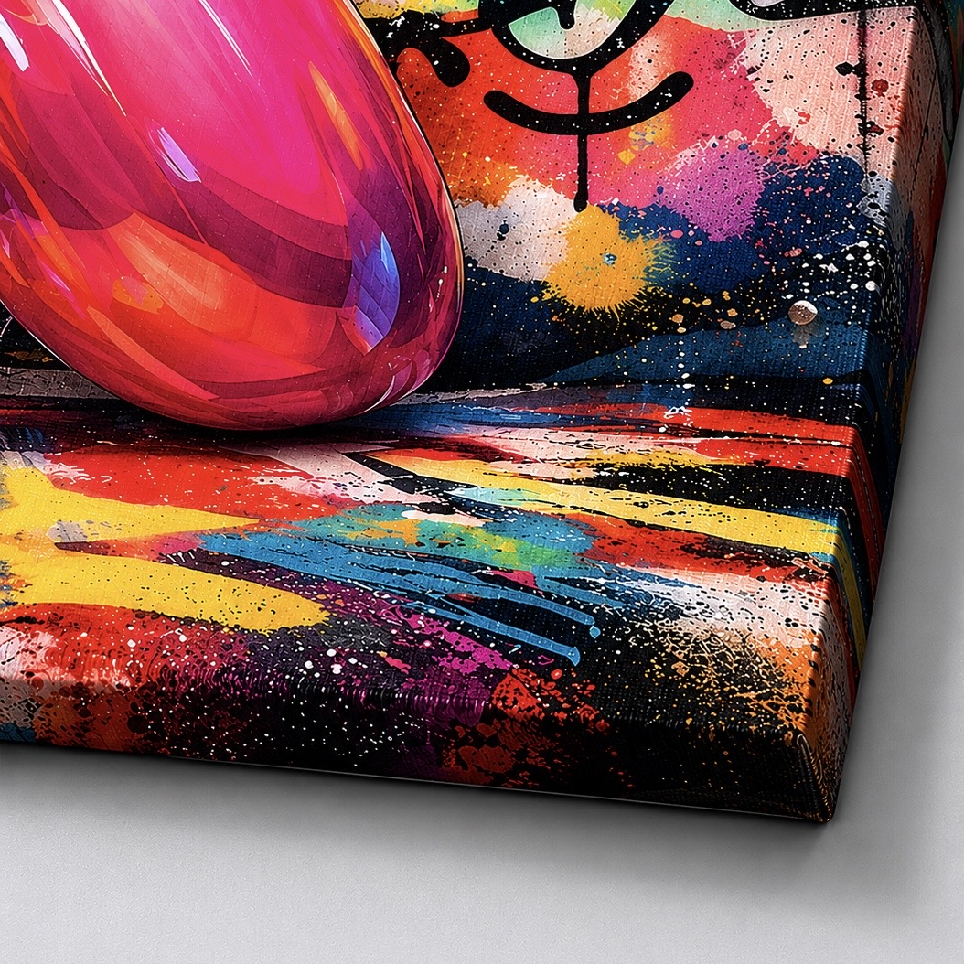 Détail de la toile Pink Icon mettant en valeur le chien ballon rose brillant, la texture du canvas, les graffitis colorés et la finition premium du tableau pop art.