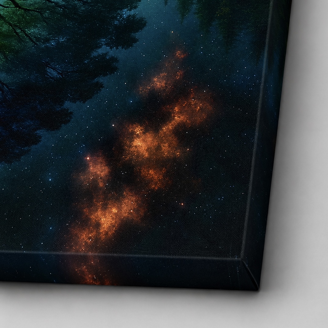 Tableau Arbre Astral – Arbre de Vie Cosmique | SPEKTRA Gros plan sur la toile Arbre Astral mettant en valeur les détails d’une nébuleuse lumineuse et du ciel étoilé cosmique.