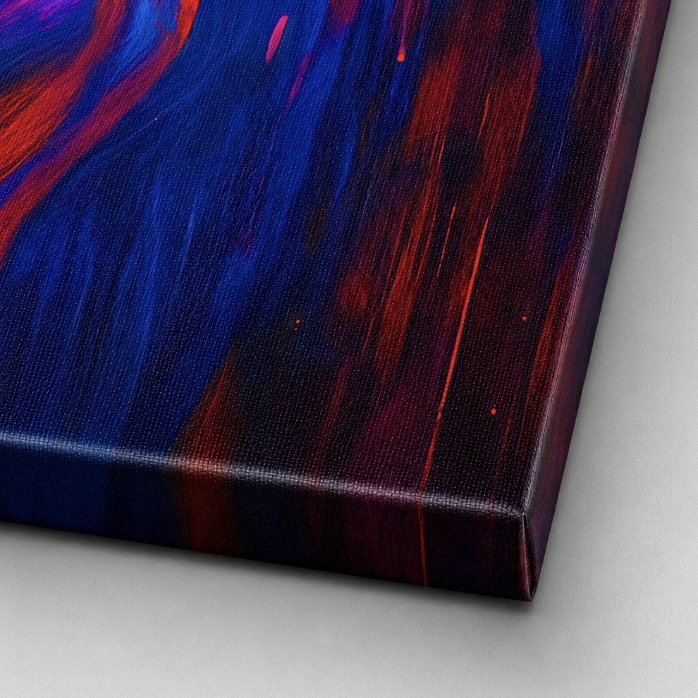 Détail de la toile Extase Écarlate montrant la texture canvas et les nuances rouges, bleues et violettes de l’œuvre contemporaine