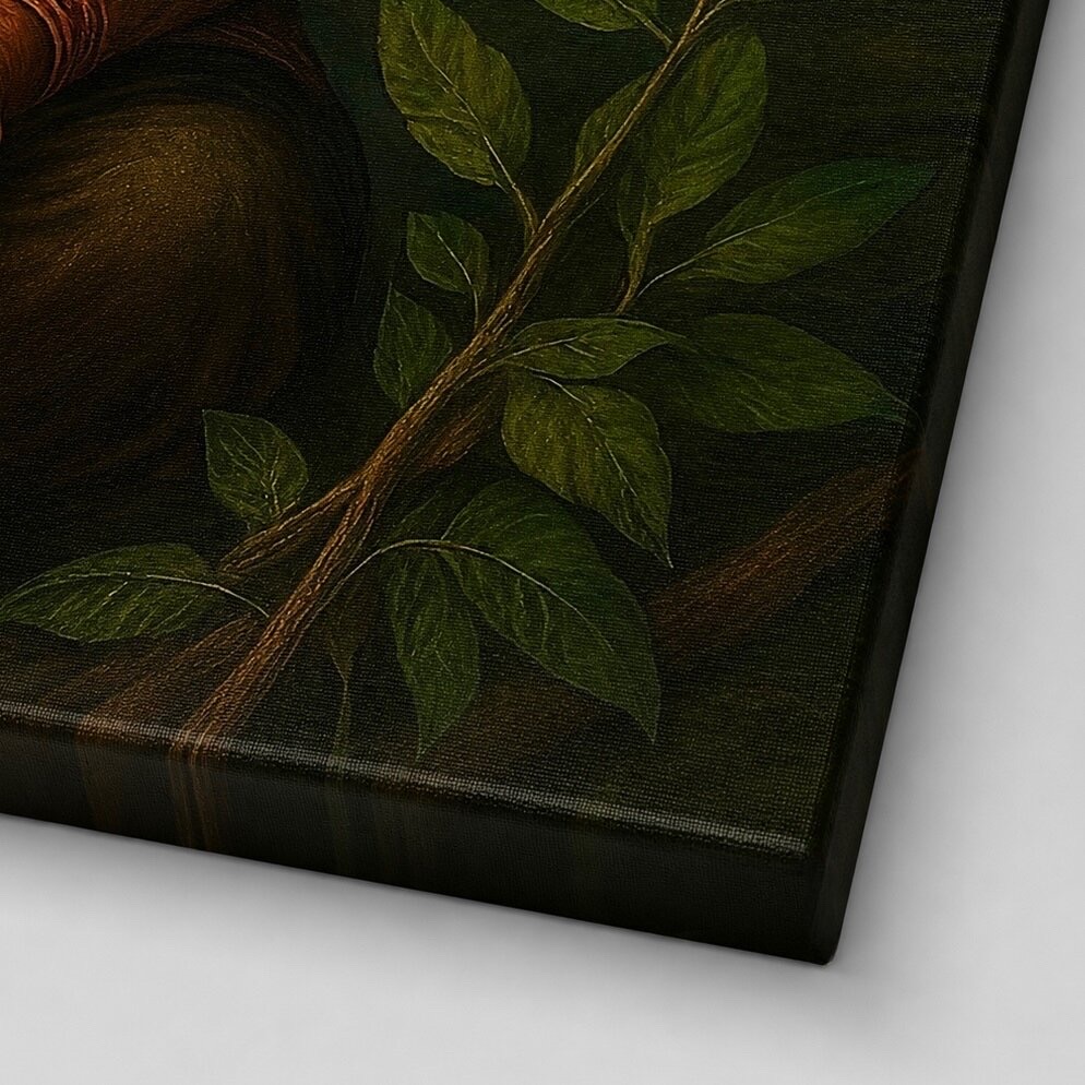 Tableau Chaman Amazonien Vision Ancestrale | SPEKTRA Gros plan sur la toile Vision Ancestrale montrant les détails du feuillage tropical, les textures de la jungle et la finition premium de l’impression.