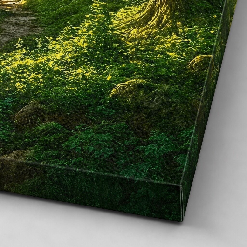 Gros plan sur les finitions de Murmure des Bois avec toile canvas tendue, végétation luxuriante et impression haute définition