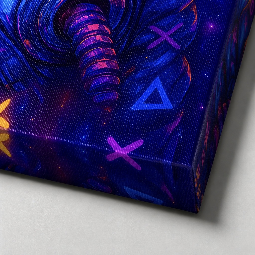 Tableau Horizon Infini – Astronaute Pop Art et Ambition | SPEKTRA Détail de la toile Horizon Infini montrant la texture de l’impression, les couleurs néon vibrantes et les finitions premium de la toile d’art SPEKTRA