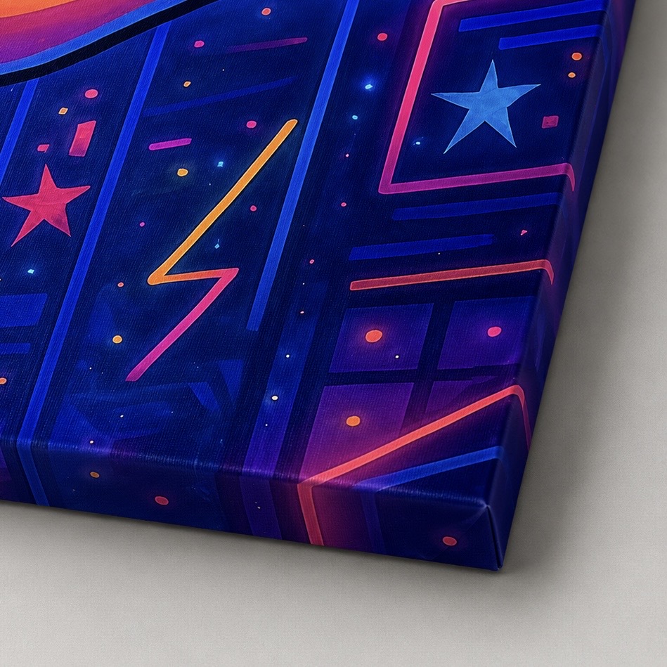 Détail de la toile Icône Urbaine montrant la qualité d’impression sur canvas avec motifs pop art néon, étoiles et graphismes urbains colorés