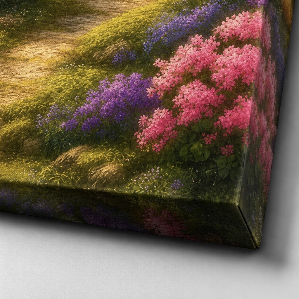Tableau Jardin Éternel – Jardin Japonais et Fleurs de Cerisier | SPEKTRA Détail de la toile Jardin Éternel révélant la finesse de l’impression, les couleurs florales éclatantes et la qualité premium de la toile d’art SPEKTRA