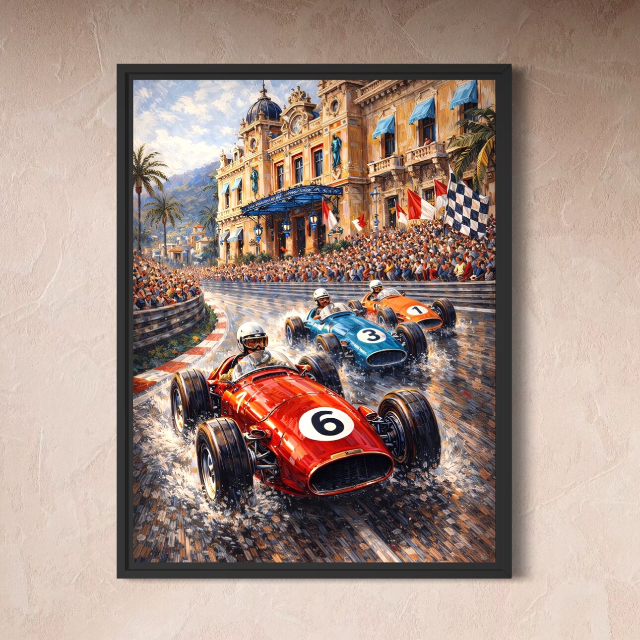 Tableau Grand Prix Monaco – Légende Monégasque Gros plan sur la toile du tableau automobile vintage Légende Monégasque représentant les voitures du Grand Prix de Monaco devant le Casino de Monte-Carlo