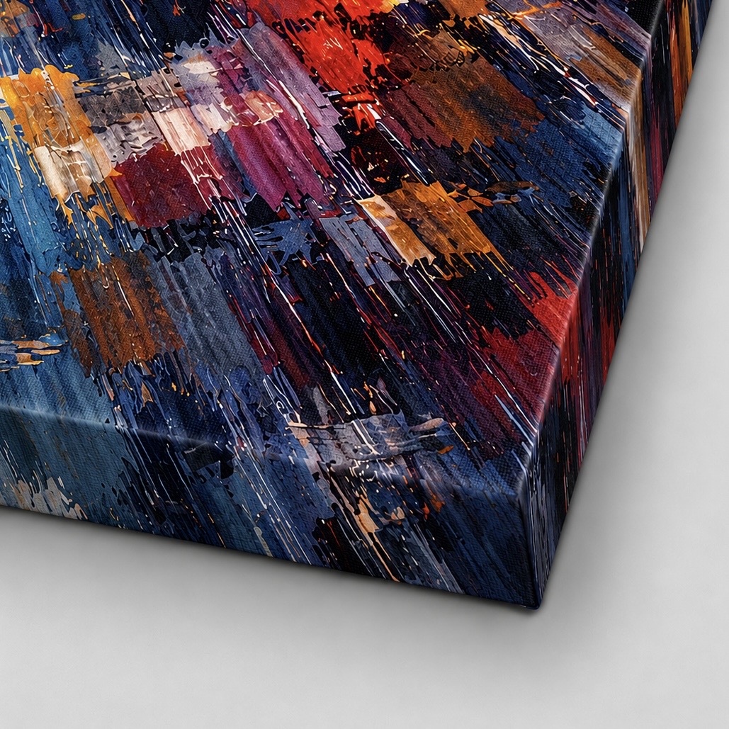 Détail de la toile Lueurs Urbaines mettant en valeur la texture de l’impression, les reflets de pluie et les couleurs vibrantes inspirées d’une ville moderne.