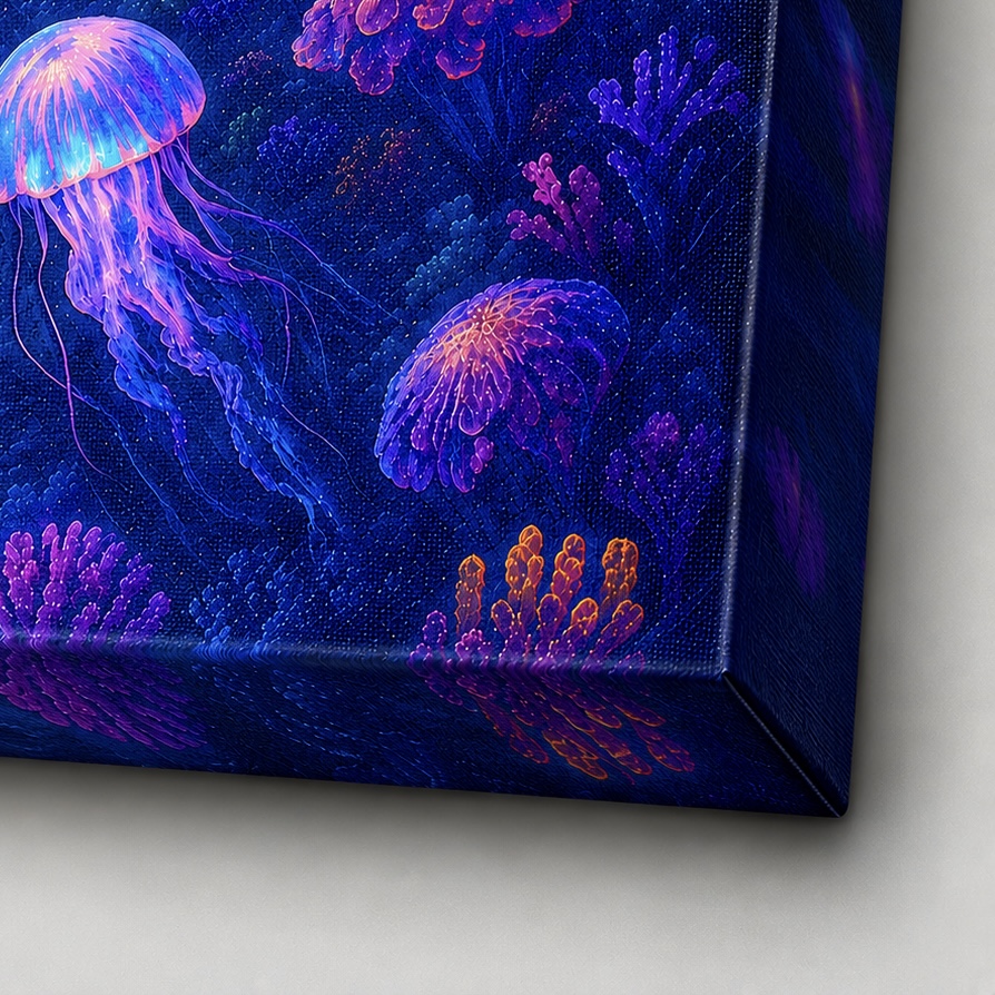 Tableau Monde Sous-Marin Appel des Abysses – Océan Fantastique | SPEKTRA Détail du tableau Appel des Abysses avec méduses fluorescentes roses et coraux lumineux dans un univers sous-marin fantastique