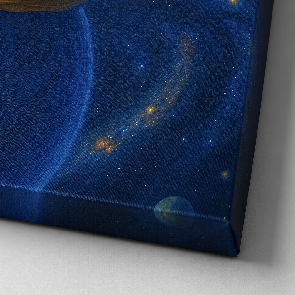 Détail de la toile Monarque Stellaire montrant une galaxie lumineuse, des étoiles et une planète dans un univers cosmique bleu