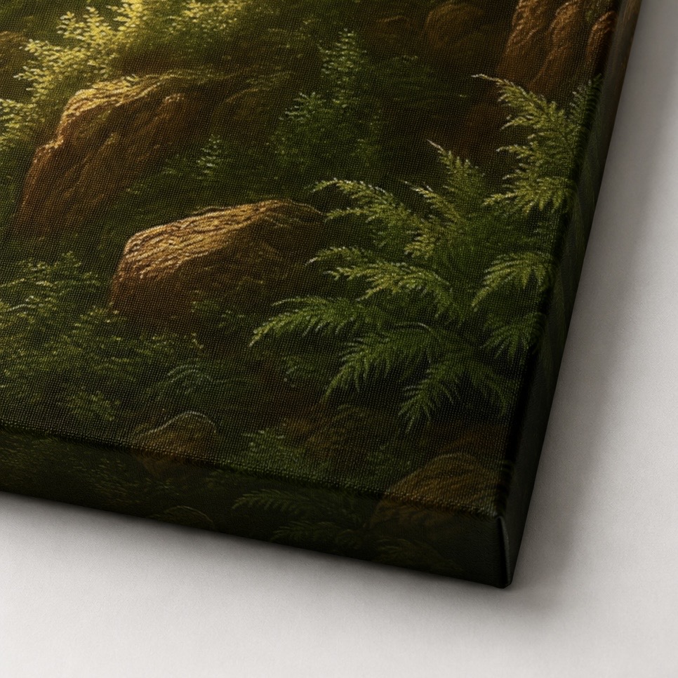 Naissance du Jour – Tableau Paysage Fantastique | SPEKTRA Détail de la toile du tableau Naissance du Jour montrant la texture canvas et les finitions de l’impression artistique du paysage lumineux