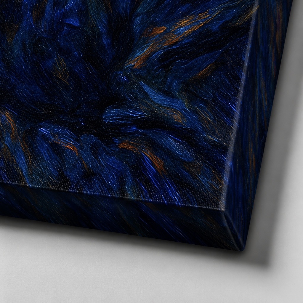 Tableau Nuits Intérieures – Portrait Expressionniste Inspiré des Nuits Étoilées | SPEKTRA Détail de la toile Nuits Intérieures montrant la texture de l’impression canvas haute définition et les nuances de bleu profond inspirées du style de Van Gogh