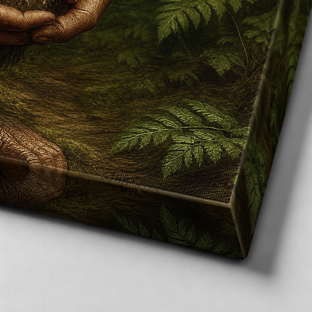 Tableau Origine Sacrée – Évolution et Éveil Spirituel | SPEKTRA Détail de la toile Origine Sacrée montrant la texture de l’impression, les nuances naturelles de la forêt et les finitions premium de la toile d’art SPEKTRA