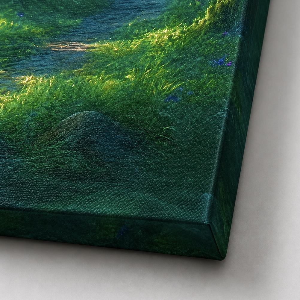 Gros plan du tableau Passage Sylvestre montrant la texture de la toile canvas, les nuances de vert et les finitions imprimées sur les bords du châssis.