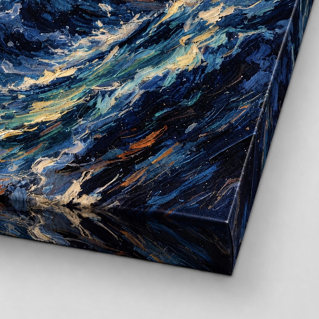 Détail de la toile Phare Breton mettant en valeur la texture de l'impression, les nuances de bleu profond et les mouvements de vagues inspirés de l'océan Atlantique.