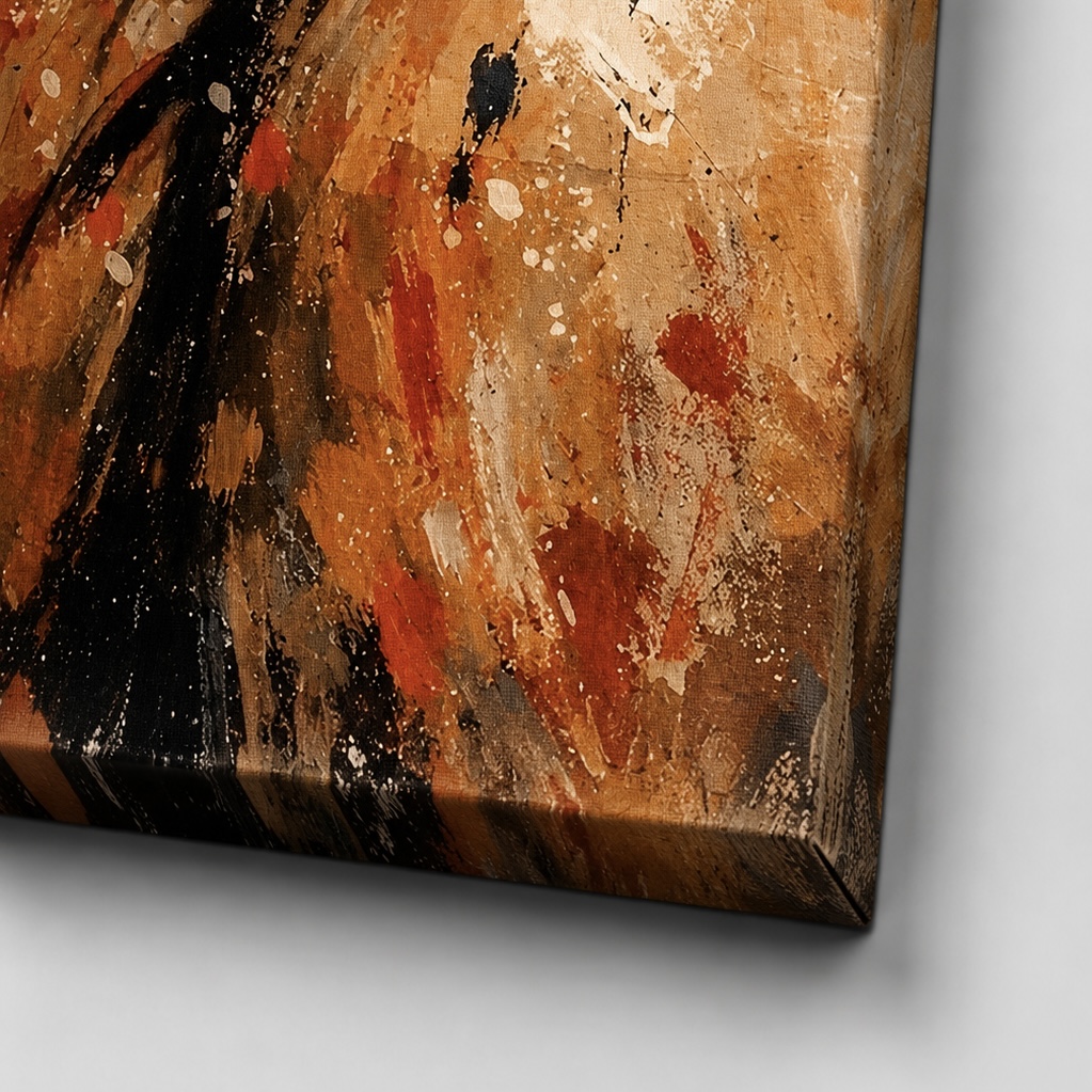 Tableau Femme Sensuelle – Ivresse Rouge Détail de la toile Ivresse Rouge mettant en valeur la texture du canvas, les nuances chaudes, les touches picturales brunes et orangées ainsi que la finition premium du tableau portrait femme.
