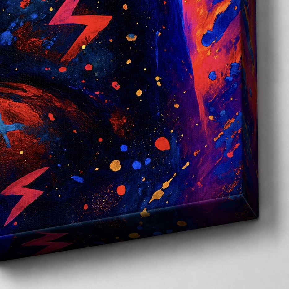 Tableau Queen Mona – Mona Lisa Pop Art Contemporaine | SPEKTRA Détail de la toile Queen Mona montrant les textures colorées, éclaboussures pop art et finitions premium de l’impression sur toile