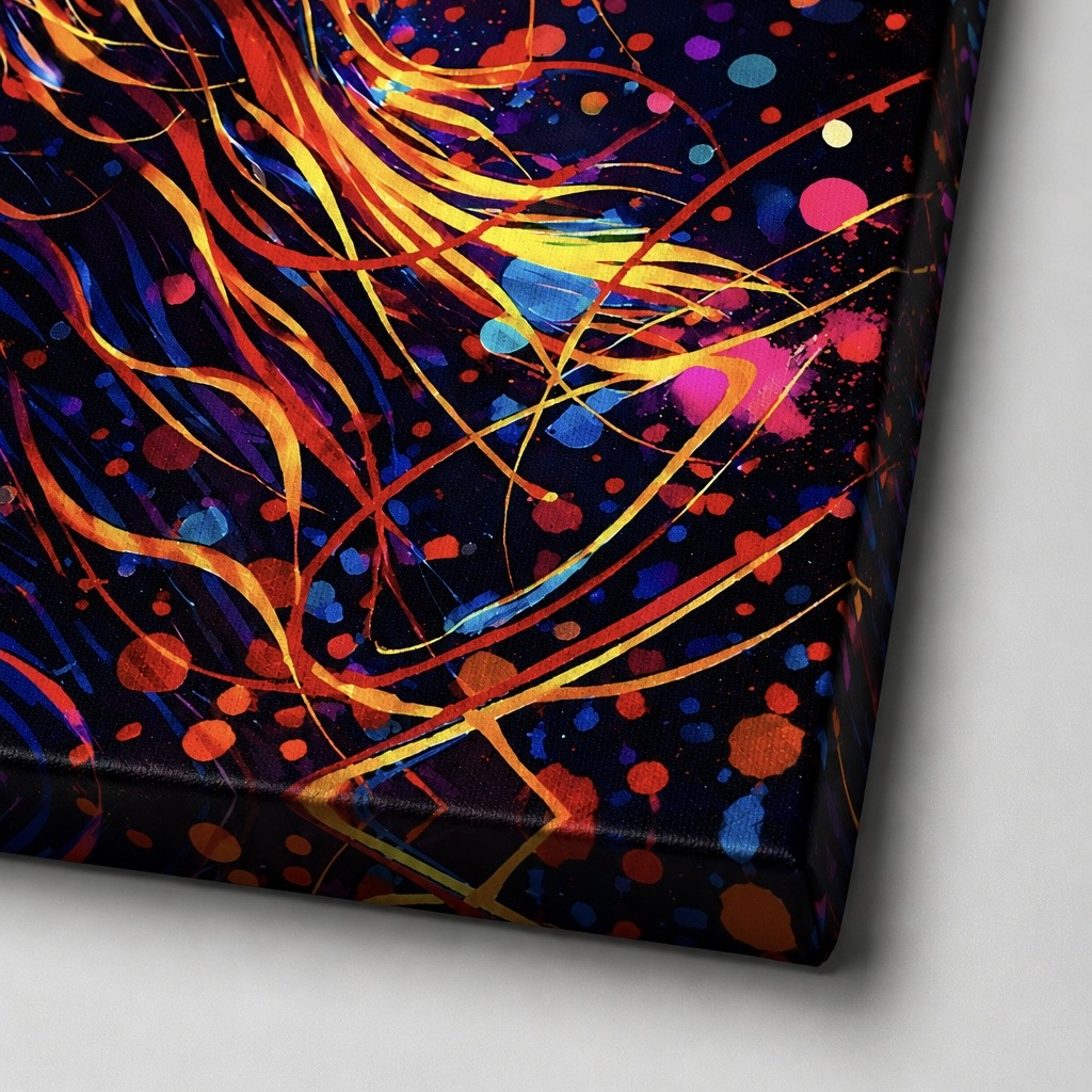 Détail de la toile Monkey Star mettant en valeur la texture du canvas, les lignes colorées, les éclaboussures néon et la finition premium du tableau pop art.