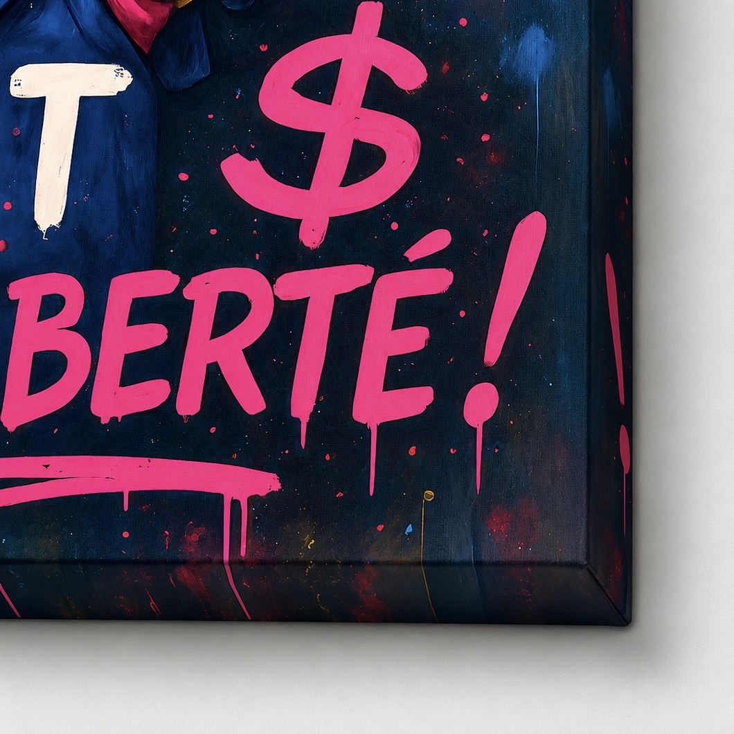 Tableau L’Affranchi – Panthère Rose Street Art et Liberté Financière Gros plan sur les détails et les finitions du tableau street art L’Affranchi avec typographie graffiti rose et impression haute définition