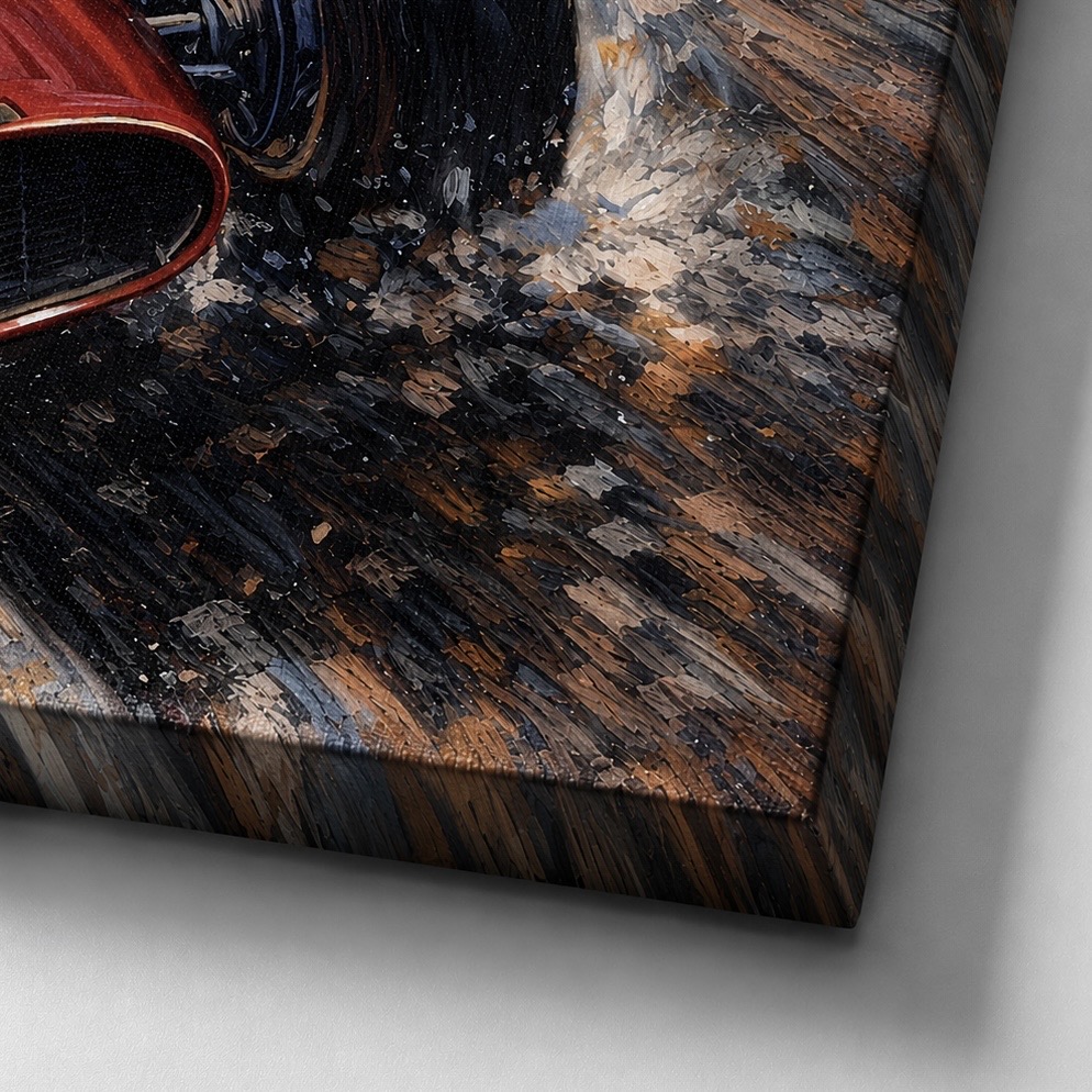 Tableau Grand Prix Monaco – Légende Monégasque Détail de la toile du tableau Légende Monégasque montrant la texture artistique et les projections d’eau lors d’une course automobile vintage à Monaco
