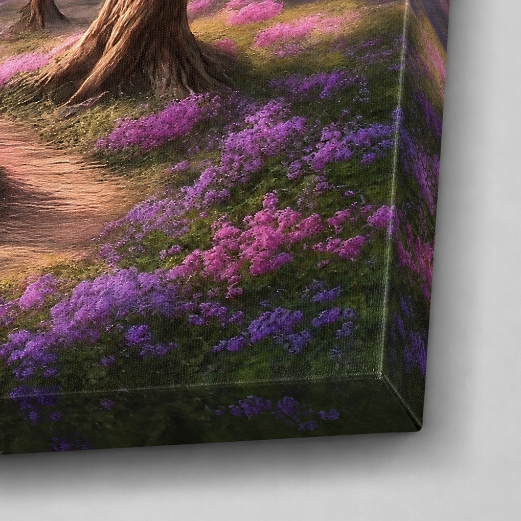 Sentier des Sakura – Tableau Paysage Japonais et Cerisiers en Fleurs | SPEKTRA Détail de la toile du tableau Sentier des Sakura montrant les fleurs violettes, le sentier et la finition imprimée sur les bords