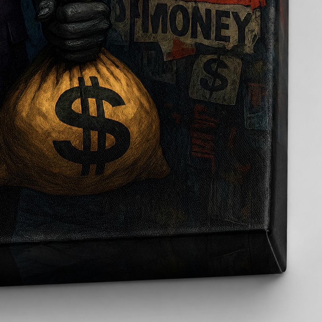 Gros plan sur la toile du tableau street art panda Pouvoir Silencieux révélant la texture canvas premium et les détails haute définition du sac d’argent et des éléments graphiques urbains.