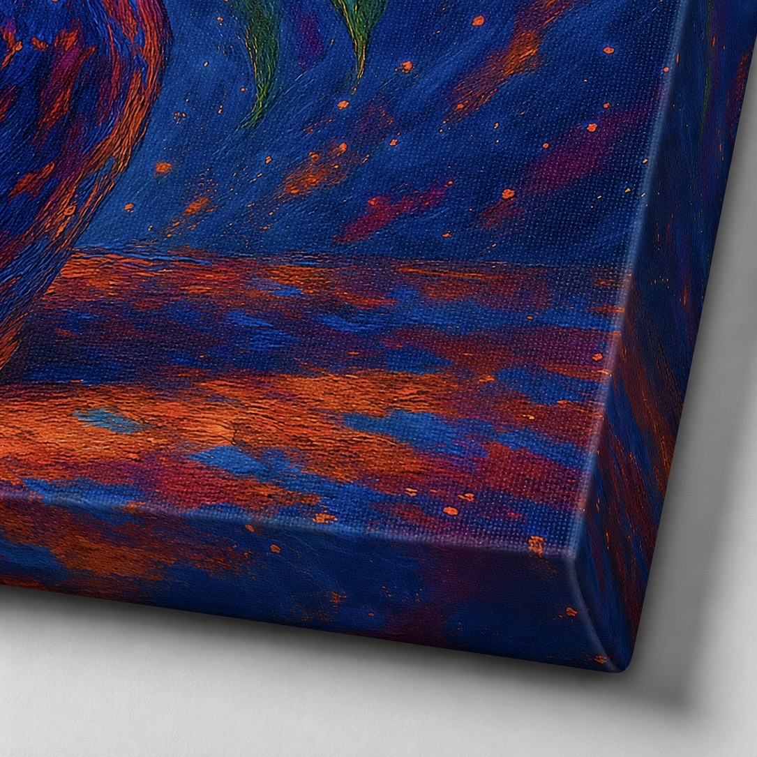 Tableau Tournesol d'Azur – Bouquet de Tournesols Expressionniste | SPEKTRA Détail de la toile Tournesol d’Azur montrant la texture de l’impression artistique, les couleurs bleu azur et orange éclatantes ainsi que la finition premium sur châssis galerie
