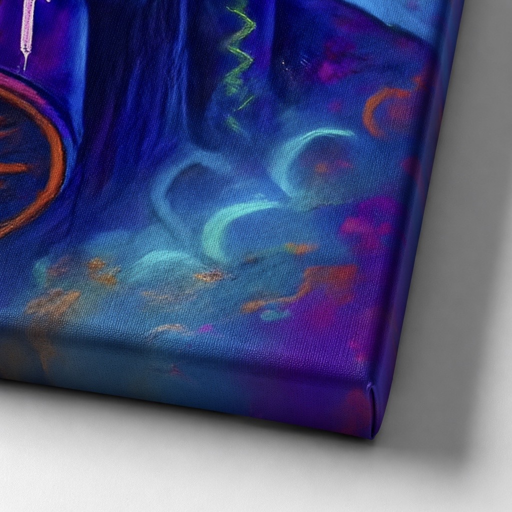 Gros plan sur les détails et les finitions du tableau Toxic Mindset avec couleurs néon et impression haute définition