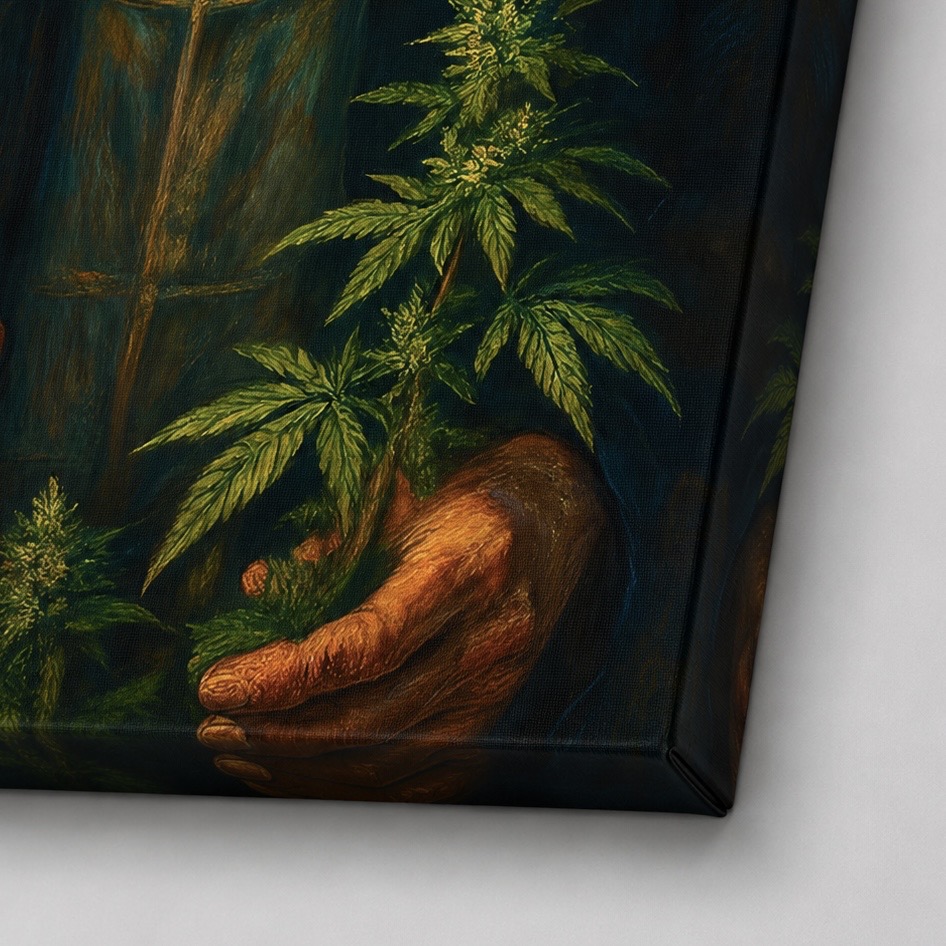 Tableau Tradition Rebelle – Art Classique Réinventé Détail de la toile Tradition Rebelle montrant une plante de cannabis tenue à la main dans une réinterprétation contemporaine d’American Gothic