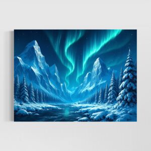 Le Souffle du Nord, tableau décoratif représentant une aurore boréale illuminant des montagnes enneigées et une vallée glacée dans un paysage nordique
