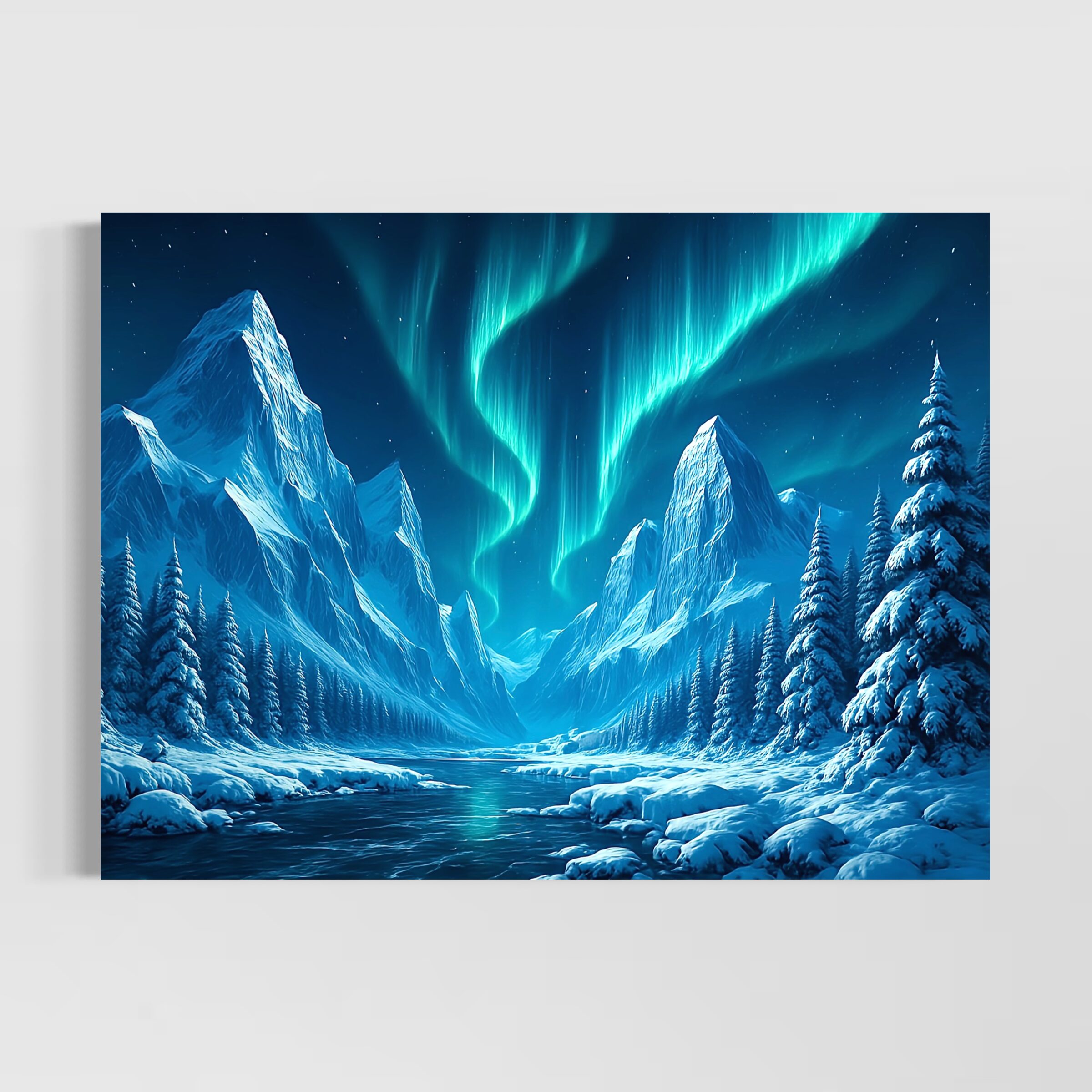 Le Souffle du Nord, tableau décoratif représentant une aurore boréale illuminant des montagnes enneigées et une vallée glacée dans un paysage nordique