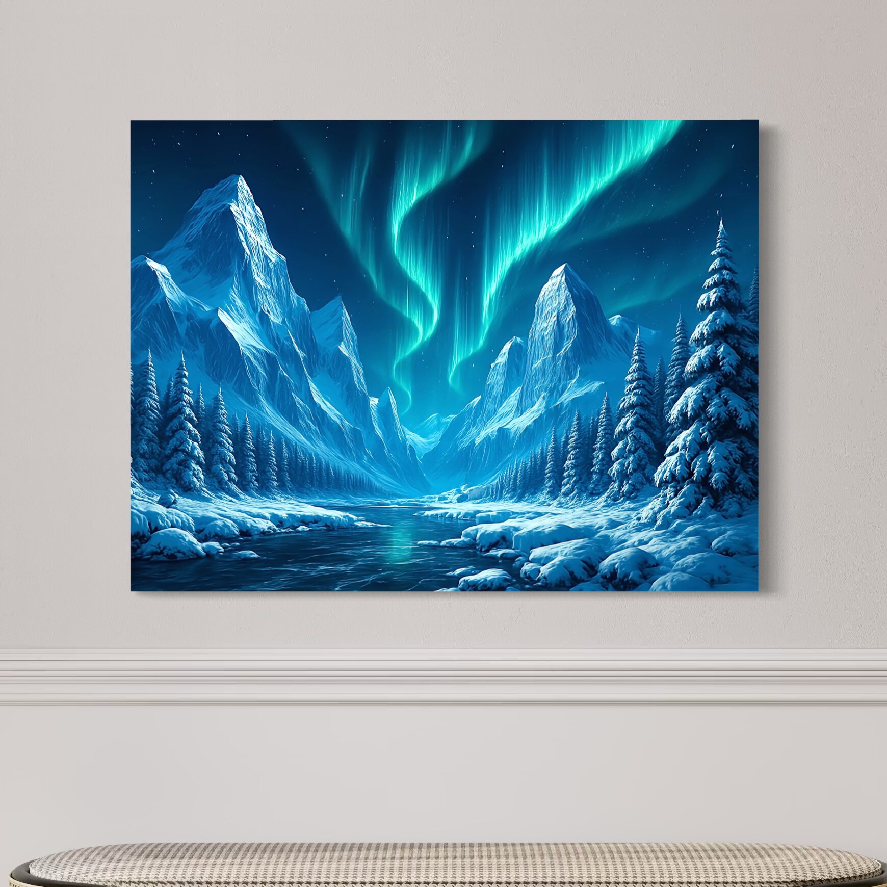 Tableau Le Souffle du Nord représentant une aurore boréale au-dessus de montagnes enneigées exposé dans un salon moderne et élégant