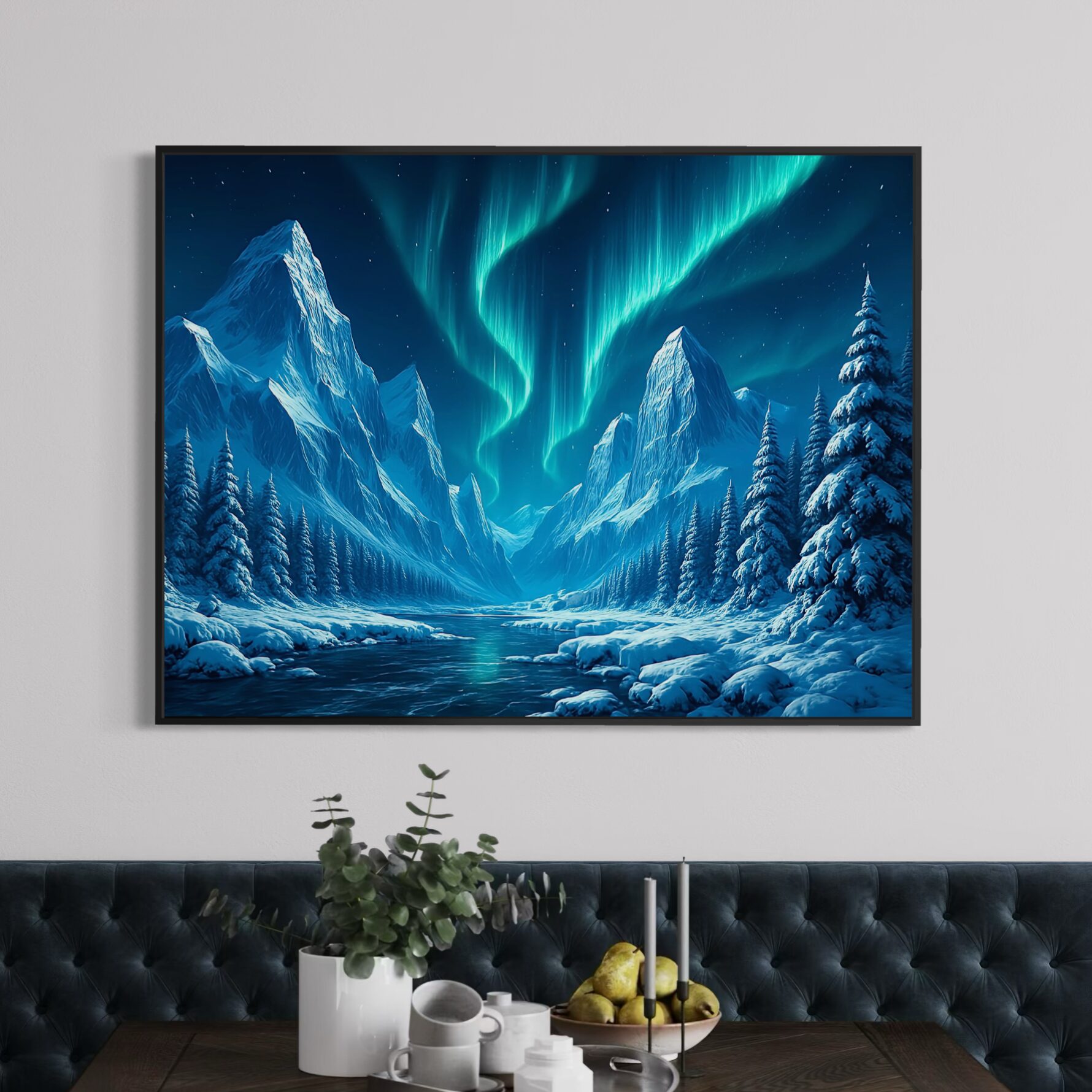 Tableau encadré Le Souffle du Nord représentant une aurore boréale au-dessus de montagnes enneigées dans une salle à manger contemporaine