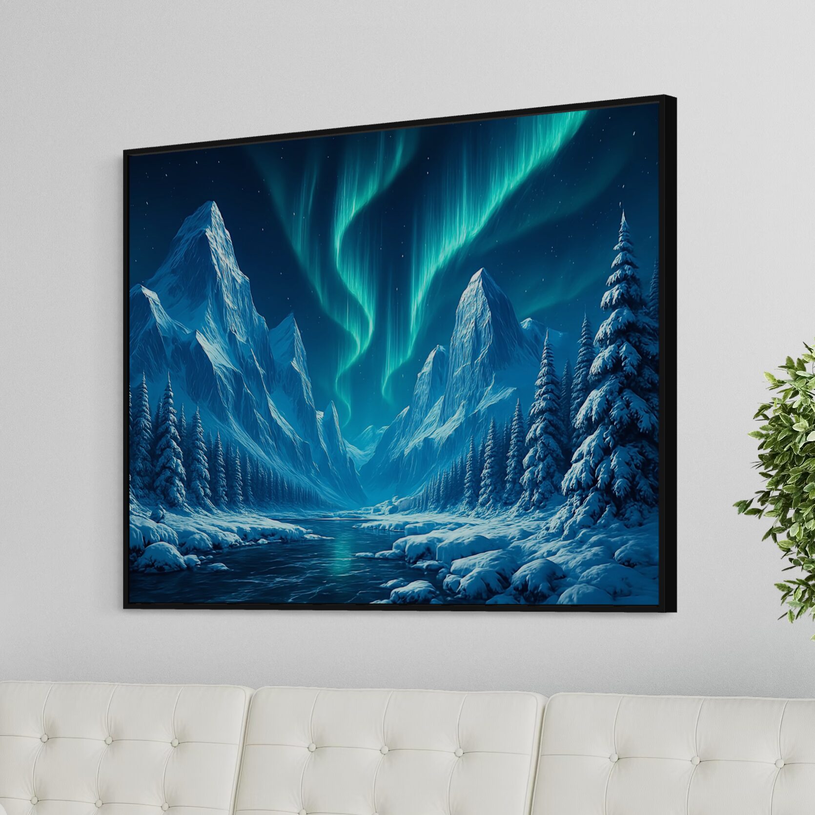 Tableau Le Souffle du Nord avec aurore boréale et montagnes enneigées accroché dans un salon contemporain lumineux avec canapé blanc