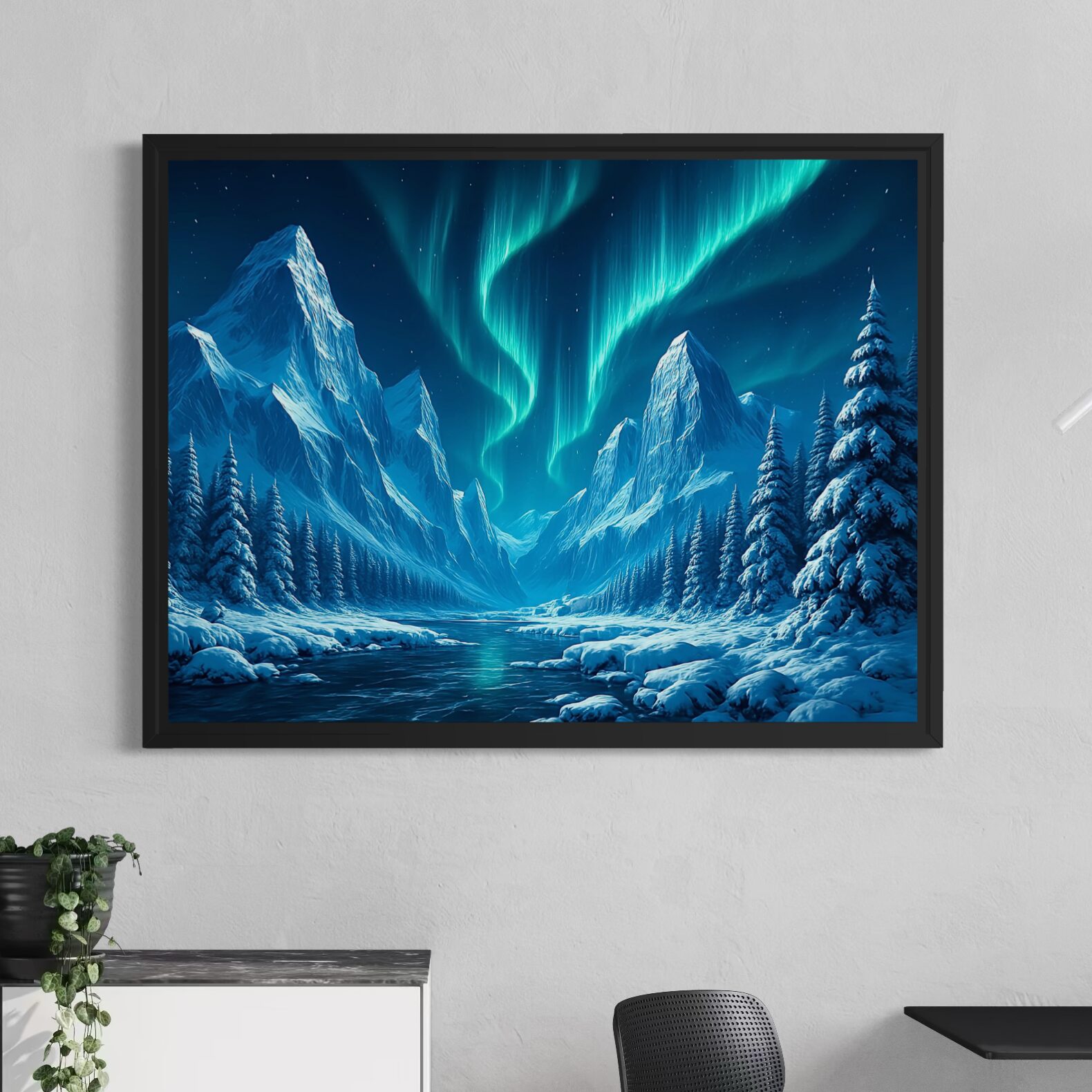 Tableau Le Souffle du Nord encadré représentant une aurore boréale au-dessus de montagnes enneigées dans une décoration intérieure moderne
