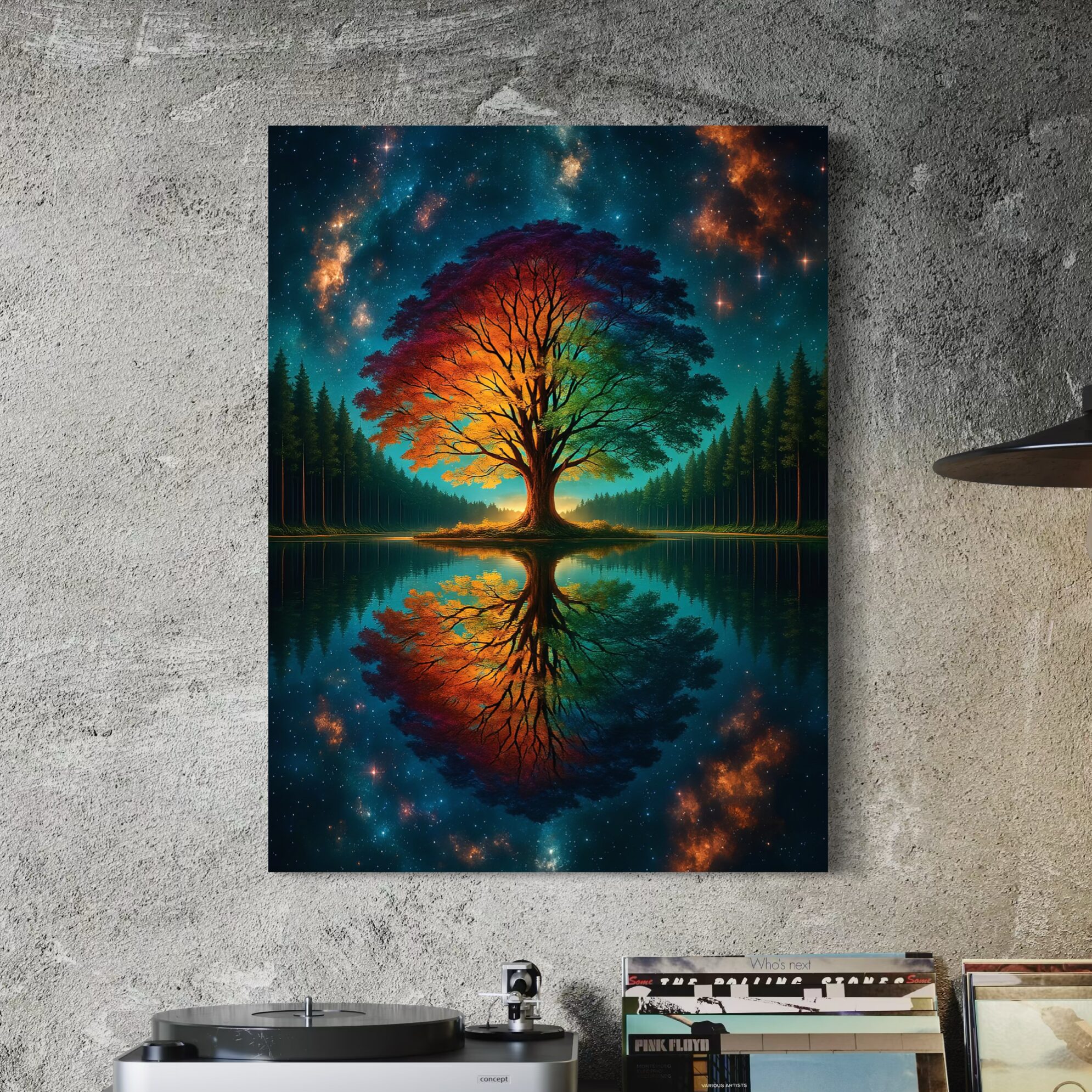 Tableau Arbre Astral – Arbre de Vie Cosmique | SPEKTRA Mise en situation du tableau Arbre Astral représentant un arbre de vie multicolore reflété dans un lac sous un ciel cosmique étoilé.