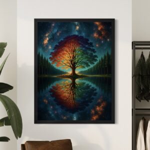 Mise en situation du tableau Arbre Astral encadré représentant un arbre de vie multicolore reflété dans un lac sous un ciel cosmique étoilé.
