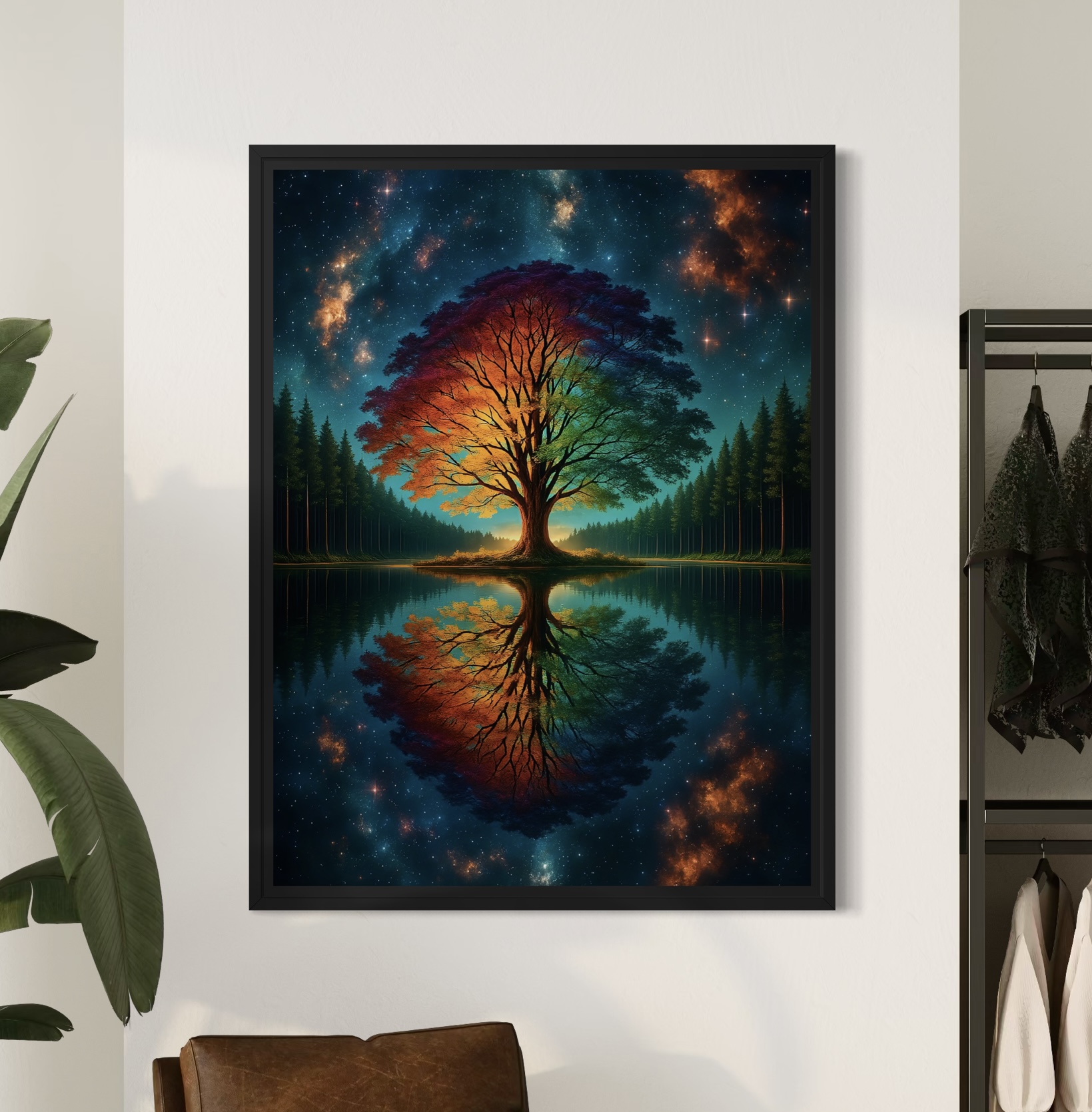 Tableau Arbre Astral – Arbre de Vie Cosmique | SPEKTRA Mise en situation du tableau Arbre Astral encadré représentant un arbre de vie multicolore reflété dans un lac sous un ciel cosmique étoilé.