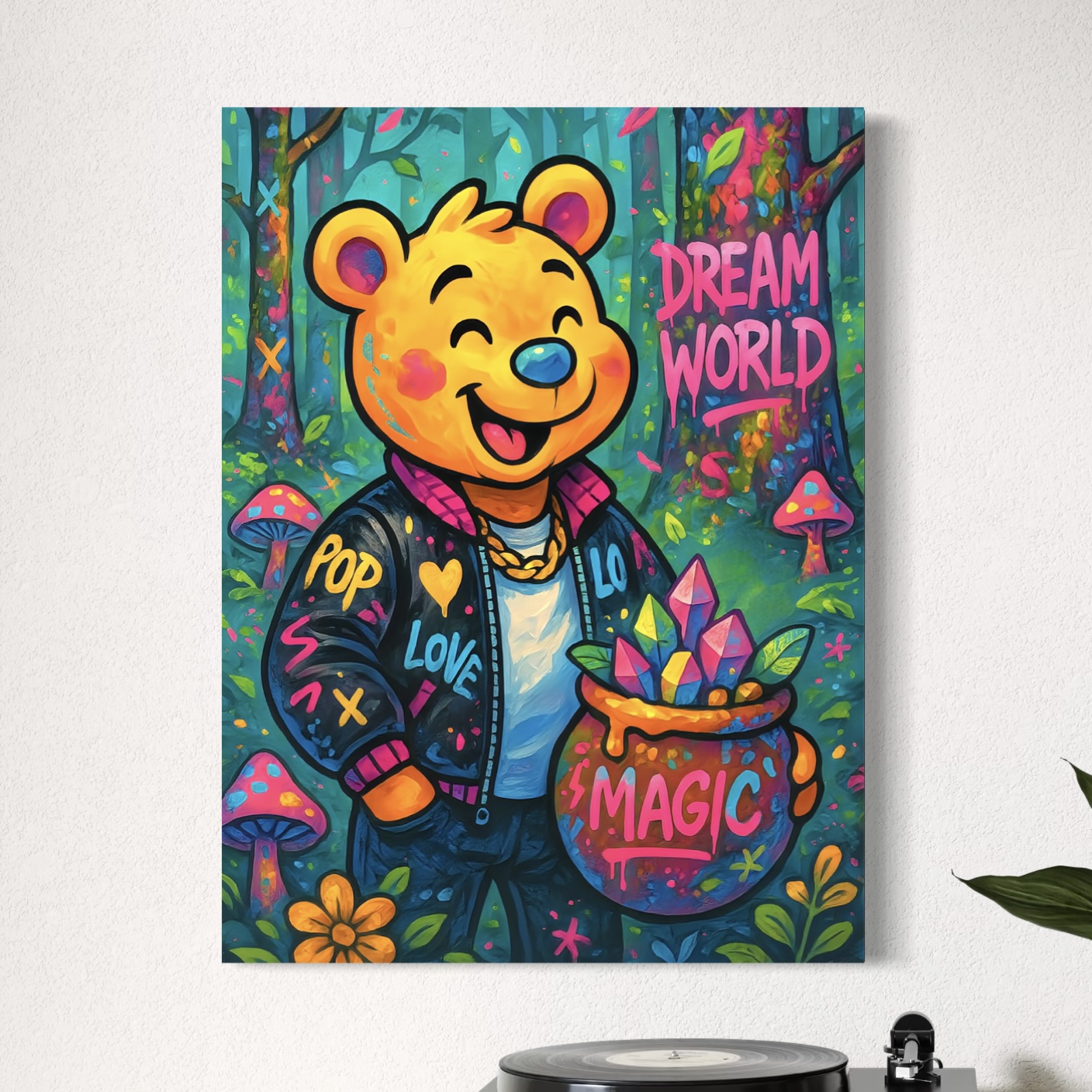 Tableau Dream World – Ours pop art, magie et monde imaginaire Tableau Dream World représentant un ours pop art dans une forêt enchantée avec cristaux magiques, champignons colorés et univers féerique dans une décoration intérieure moderne.
